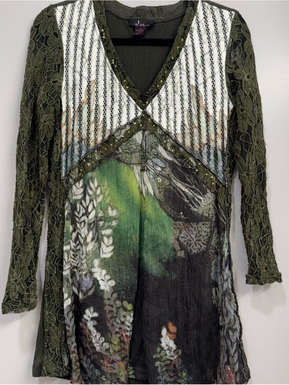Alberto Makali Olive Green Fairycore Print Lace Sleeve Tunic Whimsigoth